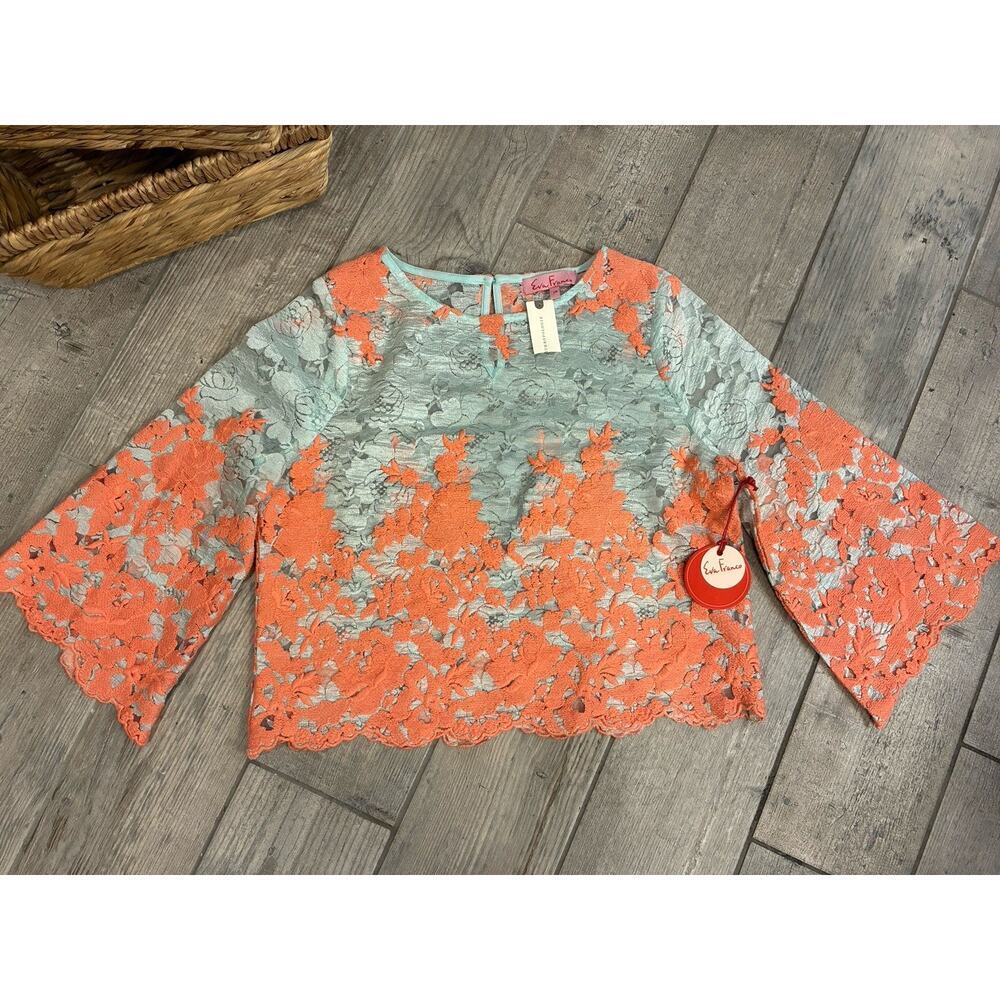 NWT Anthropologie Eva Franco “Lacey” Crop Bell-Sleeve Top Coral Mint XS